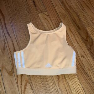 Adidas Women's Tan Sports Bra with White Stripes